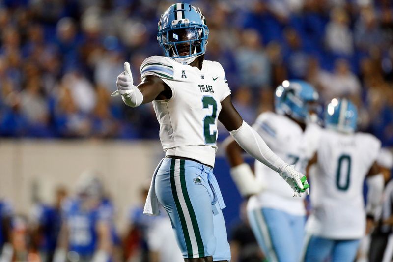 Oct 13, 2023; Memphis, Tennessee, USA; Tulane Green Wave defensive back Jarius Monroe (2) reacts during the second half against the Memphis Tigers at Simmons Bank Liberty Stadium. Mandatory Credit: Petre Thomas-USA TODAY Sports