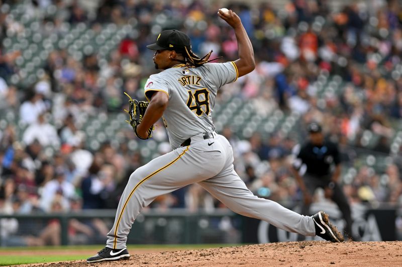 May 29, 2024; Detroit, Michigan, USA;  Pittsburgh Pirates pitcher Luis L. Ortiz (48) throws a pitch against the Detroit Tigers in the sixth inning at Comerica Park. Mandatory Credit: Lon Horwedel-USA TODAY Sports