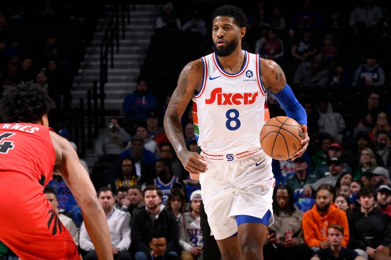 PHILADELPHIA, PA - FEBRUARY 11:  Paul George #8 of the Philadelphia 76ers dribbles the ball during the game against the Toronto Raptors  on February 11, 2025 at the Wells Fargo Center in Philadelphia, Pennsylvania NOTE TO USER: User expressly acknowledges and agrees that, by downloading and/or using this Photograph, user is consenting to the terms and conditions of the Getty Images License Agreement. Mandatory Copyright Notice: Copyright 2025 NBAE (Photo by David Dow/NBAE via Getty Images)