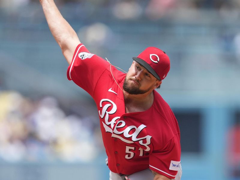 Jul 30, 2023; Los Angeles, California, USA; Cincinnati Reds starting pitcher Graham Ashcraft (51) throws in the first inning against the Los Angeles Dodgers at Dodger Stadium. Mandatory Credit: Kirby Lee-USA TODAY Sports