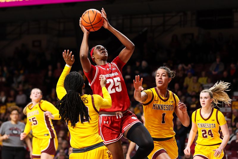 Feb 20, 2024; Minneapolis, Minnesota, USA; Wisconsin Badgers forward Serah Williams (25) shoots as Minnesota Golden Gophers guard Janay Sanders (30) and forward Ayianna Johnson (1) defend during the second half at Williams Arena. Mandatory Credit: Matt Krohn-USA TODAY Sports