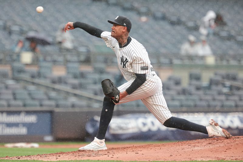 May 5, 2024; Bronx, New York, USA; New York Yankees relief pitcher Dennis Santana (53) delivers a pitch during the eighth inning against the Detroit Tigers at Yankee Stadium. Mandatory Credit: Vincent Carchietta-USA TODAY Sports