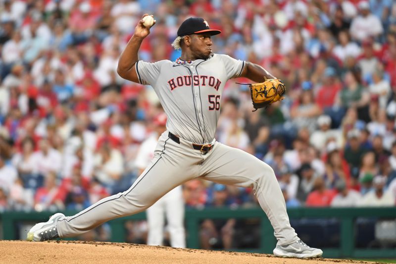 Aug 26, 2024; Philadelphia, Pennsylvania, USA;Houston Astros pitcher Ronel Blanco (56) throws a pitch during the second inning against the Philadelphia Phillies at Citizens Bank Park. Mandatory Credit: Eric Hartline-USA TODAY Sports