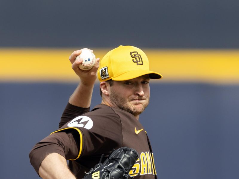 Mar 5, 2025; Peoria, Arizona, USA; San Diego Padres pitcher Wes Benjamin against the Colorado Rockies during a spring training game at Peoria Sports Complex. Mandatory Credit: Mark J. Rebilas-Imagn Images