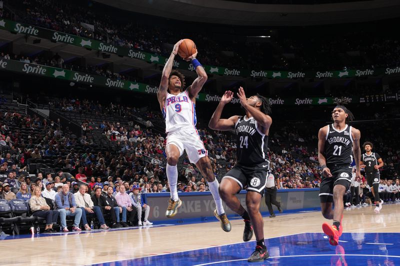 PHILADELPHIA, PA - OCTOBER 16: Kelly Oubre Jr. #9 of the Philadelphia 76ers drives to the basket during the game against the Brooklyn Nets during a NBA preseason game on October 16, 2024 at the Wells Fargo Center in Philadelphia, Pennsylvania NOTE TO USER: User expressly acknowledges and agrees that, by downloading and/or using this Photograph, user is consenting to the terms and conditions of the Getty Images License Agreement. Mandatory Copyright Notice: Copyright 2024 NBAE (Photo by Jesse D. Garrabrant/NBAE via Getty Images)