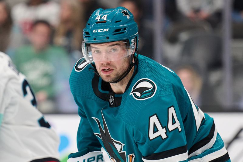 Jan 30, 2024; San Jose, California, USA; San Jose Sharks defenseman Marc-Edouard Vlasic (44) during the third period against Seattle Kraken at SAP Center at San Jose. Mandatory Credit: Robert Edwards-USA TODAY Sports