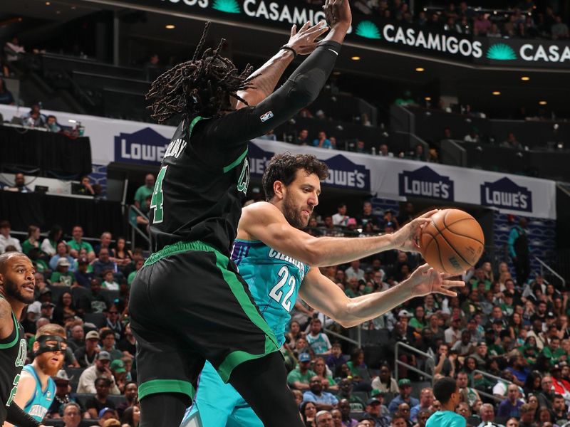 CHARLOTTE, NC - APRIL 1: Vasilije Micic #22 of the Charlotte Hornets passes the ball during the game against the Boston Celtics on April 1, 2024 at Spectrum Center in Charlotte, North Carolina. NOTE TO USER: User expressly acknowledges and agrees that, by downloading and or using this photograph, User is consenting to the terms and conditions of the Getty Images License Agreement. Mandatory Copyright Notice: Copyright 2024 NBAE (Photo by Kent Smith/NBAE via Getty Images)