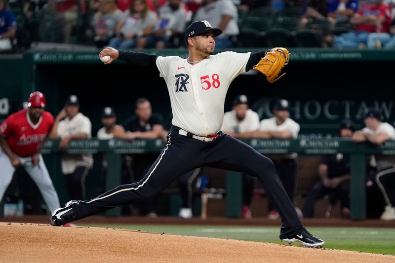 Sep 6, 2024; Arlington, Texas, USA; Texas Rangers pitcher Gerson Garabito (58) throws to the plate during the first inning against the Los Angeles Angels at Globe Life Field. Mandatory Credit: Raymond Carlin III-Imagn Images