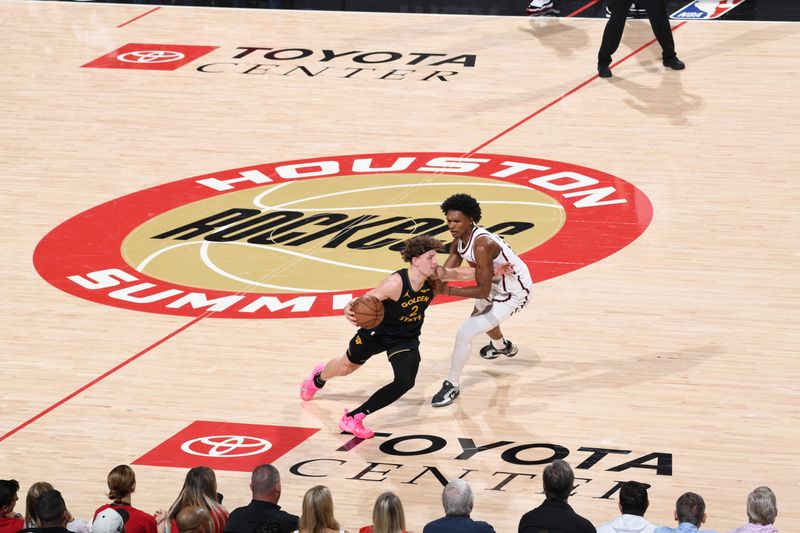 HOUSTON, TX - MAY 4: Brandin Podziemski #2 of the Golden State Warriors dribbles the ball during the game against the Houston Rockets  during Round 1 Game 7 of the 2025 NBA Playoffs on February 1, 2025 at the Toyota Center in Houston, Texas. NOTE TO USER: User expressly acknowledges and agrees that, by downloading and or using this photograph, User is consenting to the terms and conditions of the Getty Images License Agreement. Mandatory Copyright Notice: Copyright 2025 NBAE (Photo by Noah Graham/NBAE via Getty Images)