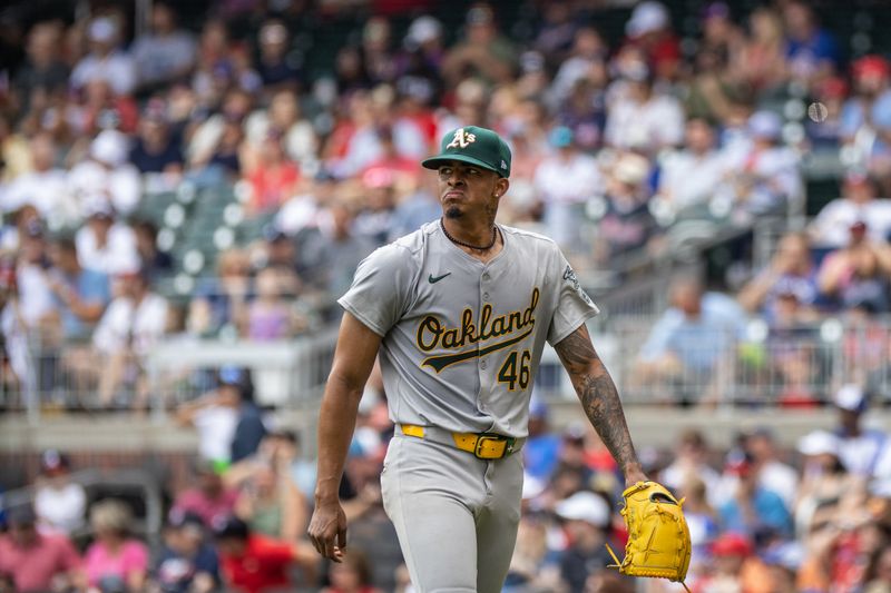 Jun 2, 2024; Cumberland, Georgia, USA; Oakland Athletics pitcher Luis Medina (46) walks off the mound after pitching third inning against Atlanta Braves at Truist Park. Mandatory Credit: Jordan Godfree-USA TODAY Sports