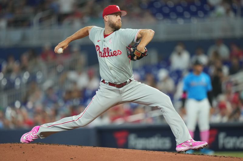May 12, 2024; Miami, Florida, USA;  Philadelphia Phillies starting pitcher Zack Wheeler (45) pitches against the Miami Marlins in the first inning at loanDepot Park. Mandatory Credit: Jim Rassol-USA TODAY Sports