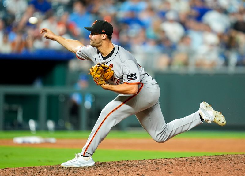 Sep 20, 2024; Kansas City, Missouri, USA; San Francisco Giants starting pitcher Mason Black (47) pitches during the fifth inning against the Kansas City Royals at Kauffman Stadium. Mandatory Credit: Jay Biggerstaff-Imagn Images