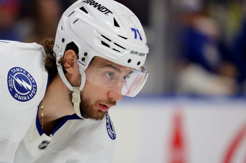 Jan 20, 2024; Buffalo, New York, USA;  Tampa Bay Lightning center Anthony Cirelli (71) waits fort the face-off during the second period against the Buffalo Sabres at KeyBank Center. Mandatory Credit: Timothy T. Ludwig-USA TODAY Sports