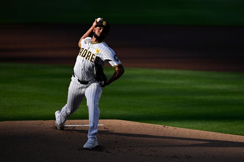 Apr 20, 2024; San Diego, California, USA; San Diego Padres starting pitcher Randy Vasquez (98) throws a pitch against the Toronto Blue Jays during the first inning at Petco Park. Mandatory Credit: Orlando Ramirez-USA TODAY Sports