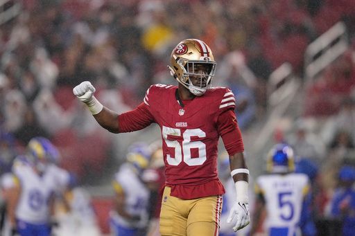 San Francisco 49ers defensive end Leonard Floyd reacts during an NFL football game against the Los Angeles Rams, Thursday, Dec. 12, 2024, in Santa Clara, Calif. (AP Photo/Godofredo A. Vásquez)