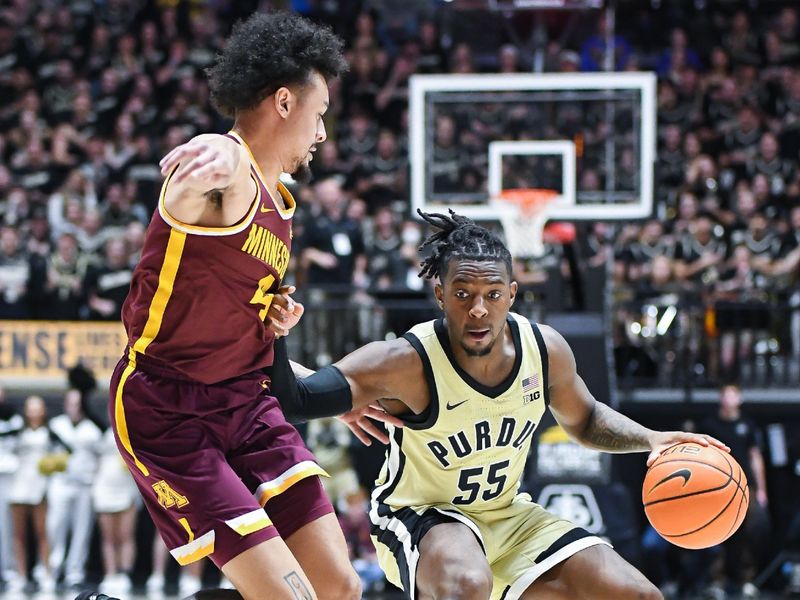 Feb 15, 2024; West Lafayette, Indiana, USA; Purdue Boilermakers guard Lance Jones (55) dribbles the ball against Minnesota Golden Gophers guard Braeden Carrington (4) during the second half at Mackey Arena. Mandatory Credit: Robert Goddin-USA TODAY Sports