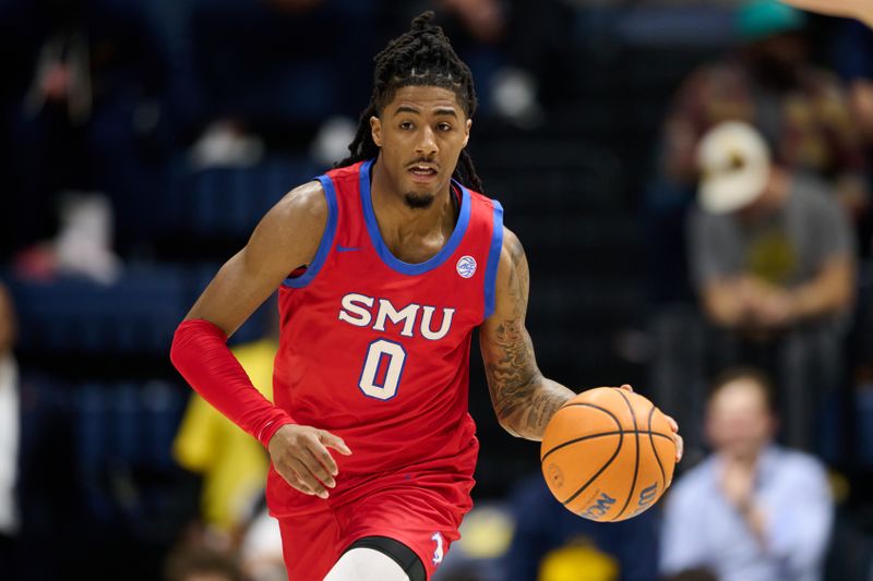 Feb 25, 2026; Berkeley, California, USA; SMU Mustangs guard B.J. Edwards (0) brings the ball upcourt against against the California Golden Bears during the first half at Haas Pavilion. Mandatory Credit: Robert Edwards-Imagn Images