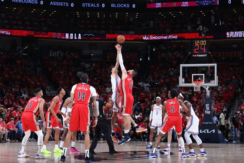 NEW ORLEANS, LA - APRIL 27:  Josh Giddey #3 of the Oklahoma City Thunder goes for the tipoff against Jonas Valanciunas #17 of the New Orleans Pelicans during Round 1 Game 3 of the 2024 NBA Playoffs on April 27, 2024 at the Smoothie King Center in New Orleans, Louisiana. NOTE TO USER: User expressly acknowledges and agrees that, by downloading and or using this Photograph, user is consenting to the terms and conditions of the Getty Images License Agreement. Mandatory Copyright Notice: Copyright 2024 NBAE (Photo by Jeff Haynes/NBAE via Getty Images)