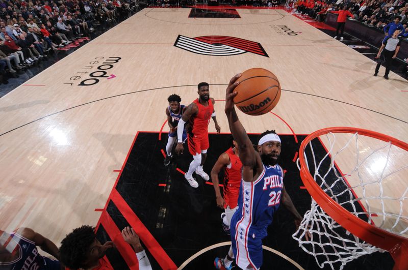 PORTLAND, OR - JANUARY 29: Patrick Beverley #22 of the Philadelphia 76ers dunks the ball during the game against the Portland Trail Blazers on January 29, 2024 at the Moda Center Arena in Portland, Oregon. NOTE TO USER: User expressly acknowledges and agrees that, by downloading and or using this photograph, user is consenting to the terms and conditions of the Getty Images License Agreement. Mandatory Copyright Notice: Copyright 2024 NBAE (Photo by Cameron Browne/NBAE via Getty Images)