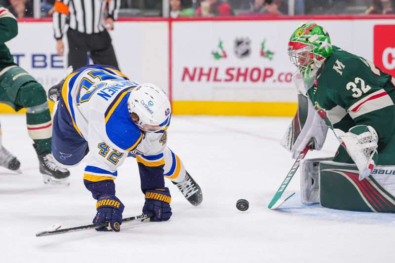 Nov 28, 2023; Saint Paul, Minnesota, USA; Minnesota Wild goaltender Filip Gustavsson (32) makes a save against the St. Louis Blues right wing Kasperi Kapanen (42) in the third period at Xcel Energy Center. Mandatory Credit: Brad Rempel-USA TODAY Sports