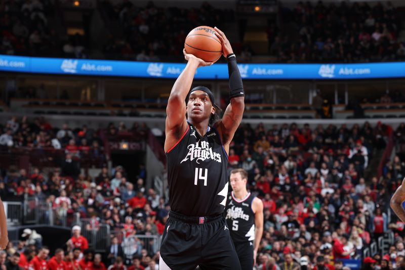 CHICAGO, IL - JANUARY 31: Terance Mann #14 of the LA Clippers shoots the ball during the game against the Chicago Bulls on January 31, 2023 at United Center in Chicago, Illinois. NOTE TO USER: User expressly acknowledges and agrees that, by downloading and or using this photograph, User is consenting to the terms and conditions of the Getty Images License Agreement. Mandatory Copyright Notice: Copyright 2022 NBAE (Photo by Jeff Haynes/NBAE via Getty Images)