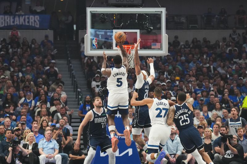 DALLAS, TX - MAY 28:  Anthony Edwards #5 of the Minnesota Timberwolves shoots the ball during the game against the Dallas Mavericks during Game 3 of the Western Conference Finals of the 2024 NBA Playoffs on May 28, 2024 at the American Airlines Center in Dallas, Texas. NOTE TO USER: User expressly acknowledges and agrees that, by downloading and or using this photograph, User is consenting to the terms and conditions of the Getty Images License Agreement. Mandatory Copyright Notice: Copyright 2024 NBAE (Photo by Jesse D. Garrabrant/NBAE via Getty Images)