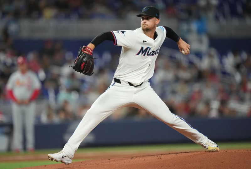 Jun 17, 2024; Miami, Florida, USA;  Miami Marlins starting pitcher Braxton Garrett (29) pitches against the St. Louis Cardinals in the first inning at loanDepot Park. Mandatory Credit: Jim Rassol-USA TODAY Sports