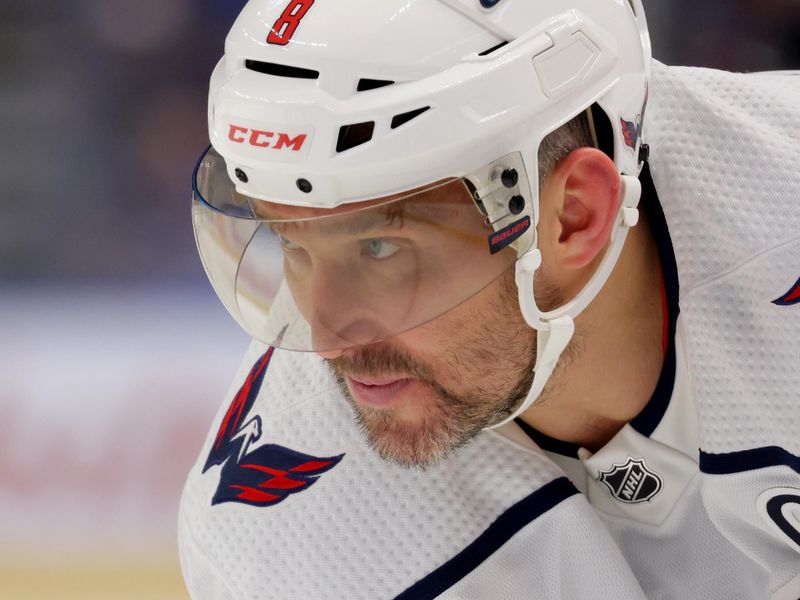 Apr 11, 2024; Buffalo, New York, USA;  Washington Capitals left wing Alex Ovechkin (8) waits for the face-off during the first period against the Buffalo Sabres at KeyBank Center. Mandatory Credit: Timothy T. Ludwig-USA TODAY Sports