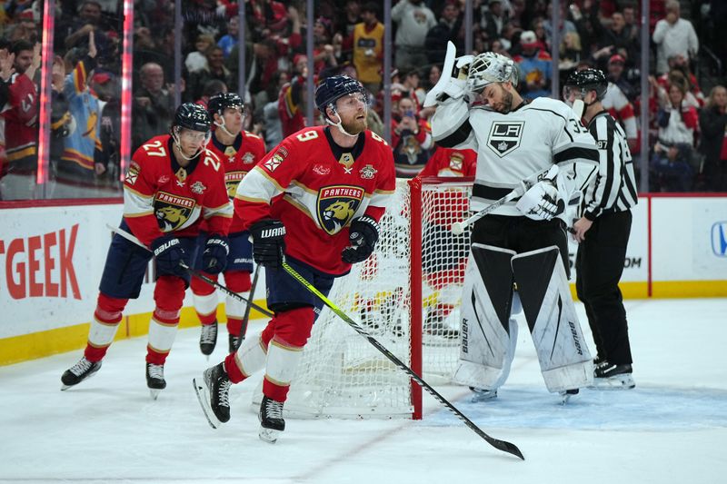 Jan 11, 2024; Sunrise, Florida, USA; Florida Panthers center Sam Bennett (9) skates towards the bench after scoring a goal on Los Angeles Kings goaltender Cam Talbot (39) during the second period at Amerant Bank Arena. Mandatory Credit: Jasen Vinlove-USA TODAY Sports