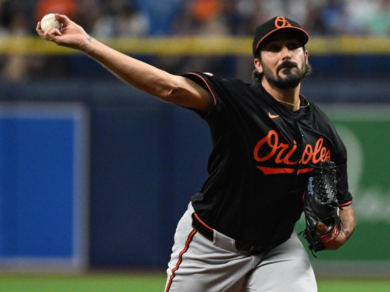 Aug 9, 2024; St. Petersburg, Florida, USA; Baltimore Orioles starting pitcher Zach Eflin (24) throws a pitch in the first inning  against the Tampa Bay Rays at Tropicana Field. Mandatory Credit: Jonathan Dyer-USA TODAY Sports