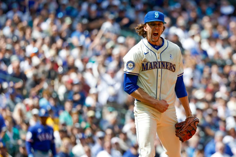 Jun 16, 2024; Seattle, Washington, USA; Seattle Mariners starting pitcher Logan Gilbert (36) reacts following the final out of the top of the eighth inning against the Texas Rangers at T-Mobile Park. Mandatory Credit: Joe Nicholson-USA TODAY Sports