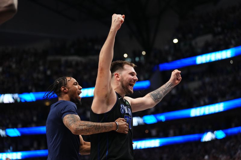 DALLAS, TX - MAY 18: Luka Doncic #77 of the Dallas Mavericks celebrates after the game against the Oklahoma City Thunder during Round 2 Game 6 of the 2024 NBA Playoffs on May 18, 2024 at the American Airlines Center in Dallas, Texas. NOTE TO USER: User expressly acknowledges and agrees that, by downloading and or using this photograph, User is consenting to the terms and conditions of the Getty Images License Agreement. Mandatory Copyright Notice: Copyright 2024 NBAE (Photo by Cooper Neill/NBAE via Getty Images)