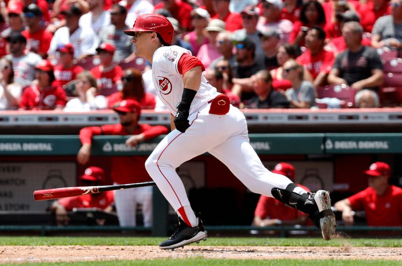 Jun 21, 2023; Cincinnati, Ohio, USA; Cincinnati Reds center fielder TJ Friedl (29) runs after hitting an RBI single against the Colorado Rockies during the fifth inning at Great American Ball Park. Mandatory Credit: David Kohl-USA TODAY Sports