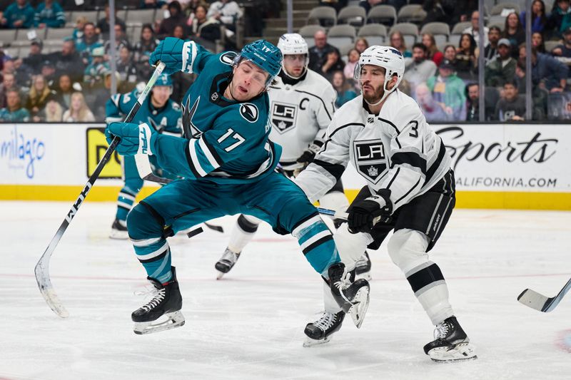 Apr 4, 2024; San Jose, California, USA; San Jose Sharks center Thomas Bordeleau (17) leaps to deflect a shot on goal against the Los Angeles Kings during the second period at SAP Center at San Jose. Mandatory Credit: Robert Edwards-USA TODAY Sports