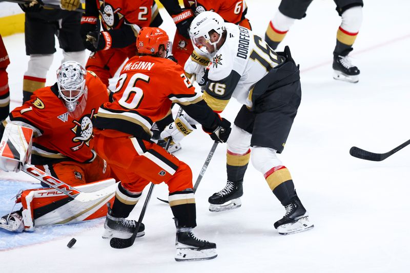 Nov 13, 2024; Anaheim, California, USA; Vegas Golden Knights left wing Pavel Dorofeyev (16) shoots against the Anaheim Ducks during the third period of a hockey game at Honda Center. Mandatory Credit: Jessica Alcheh-Imagn Images