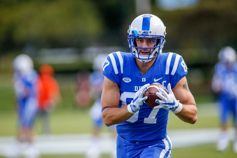 Oct 3, 2020; Durham, North Carolina, USA;  Duke Blue Devils tight end Noah Gray (87) makes a catch during warm ups before playing against the Virginia Tech Hokies at Wallace Wade Stadium. Mandatory Credit: Nell Redmond-USA TODAY Sports