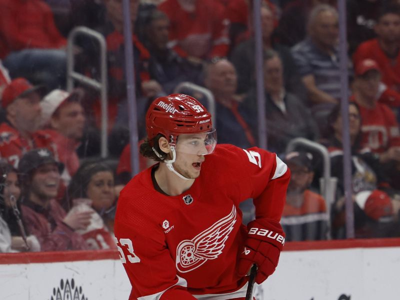 Apr 9, 2024; Detroit, Michigan, USA; Detroit Red Wings defenseman Moritz Seider (53) skates with the puck in the third period against the Washington Capitals at Little Caesars Arena. Mandatory Credit: Rick Osentoski-USA TODAY Sports