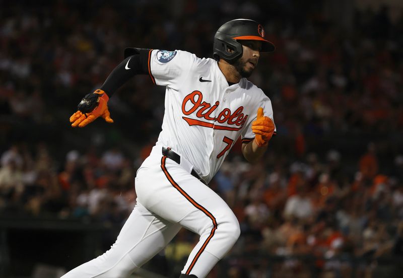 Mar 14, 2025; Sarasota, Florida, USA; Baltimore Orioles infielder Livan Soto (73) hits an RBI double during the fifth inning at Ed Smith Stadium. Mandatory Credit: Kim Klement Neitzel-Imagn Images