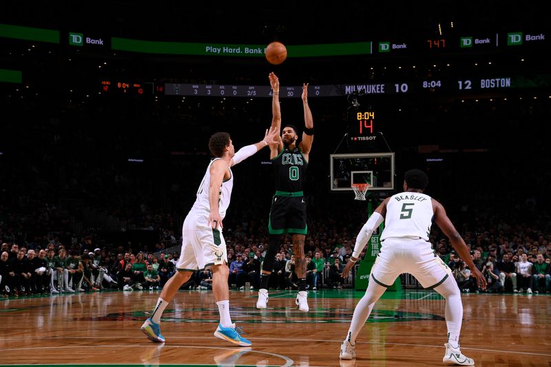 BOSTON, MA - MARCH 20: Jayson Tatum #0 of the Boston Celtics shoots the ball during the game against the Milwaukee Bucks on March 20, 2024 at the TD Garden in Boston, Massachusetts. NOTE TO USER: User expressly acknowledges and agrees that, by downloading and or using this photograph, User is consenting to the terms and conditions of the Getty Images License Agreement. Mandatory Copyright Notice: Copyright 2024 NBAE  (Photo by Brian Babineau/NBAE via Getty Images)