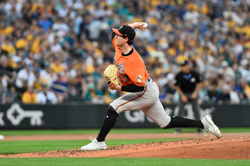 Aug 12, 2023; Seattle, Washington, USA; Baltimore Orioles relief pitcher Mike Baumann (53) pitches to the Seattle Mariners during the sixth inning at T-Mobile Park. Mandatory Credit: Steven Bisig-USA TODAY Sports