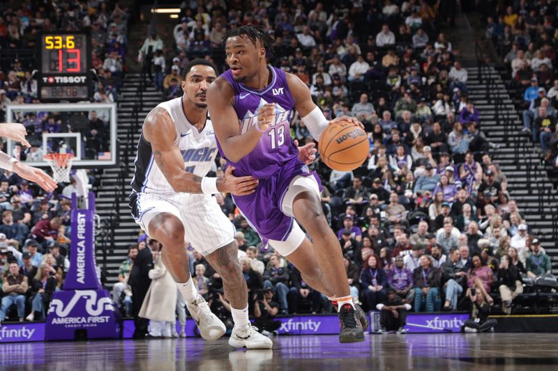 SALT LAKE CITY, UT - FEBRUARY 1: Isaiah Collier #13 of the Utah Jazz handles the ball during the game against the Orlando Magic on February 1, 2025 at Delta Center in Salt Lake City, Utah. NOTE TO USER: User expressly acknowledges and agrees that, by downloading and or using this Photograph, User is consenting to the terms and conditions of the Getty Images License Agreement. Mandatory Copyright Notice: Copyright 2025 NBAE (Photo by Melissa Majchrzak/NBAE via Getty Images)