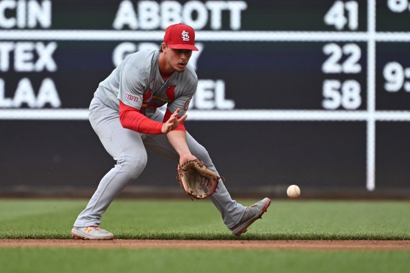 Jul 8, 2024; Washington, District of Columbia, USA; St. Louis Cardinals second baseman Nolan Gorman (16) fields a ground ball against the Washington Nationals during the second inning at Nationals Park. Mandatory Credit: Rafael Suanes-USA TODAY Sports