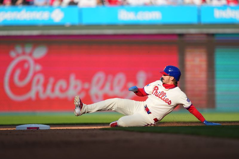 Mar 28, 2026; Philadelphia, Pennsylvania, USA; Philadelphia Phillies infielder Bryson Stott (5) advances to second against the Texas Rangers in the fifth inning at Citizens Bank Park. Mandatory Credit: Kyle Ross-Imagn Images
