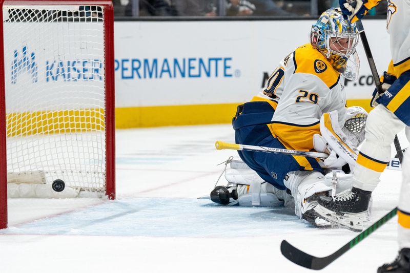 Jan 23, 2025; San Jose, California, USA;  Nashville Predators goaltender Justus Annunen (29) reacts after the goal by the against the San Jose Sharks during the second period at SAP Center at San Jose. Mandatory Credit: Neville E. Guard-Imagn Images