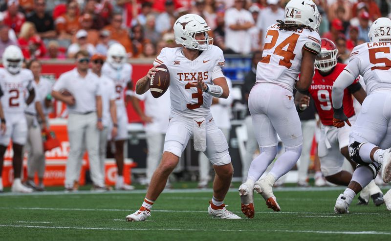 Oct 21, 2023; Houston, Texas, USA;  Texas Longhorns quarterback Quinn Ewers (3) attempts a pass during the third quarter against the Houston Cougars at TDECU Stadium. Mandatory Credit: Troy Taormina-USA TODAY Sports