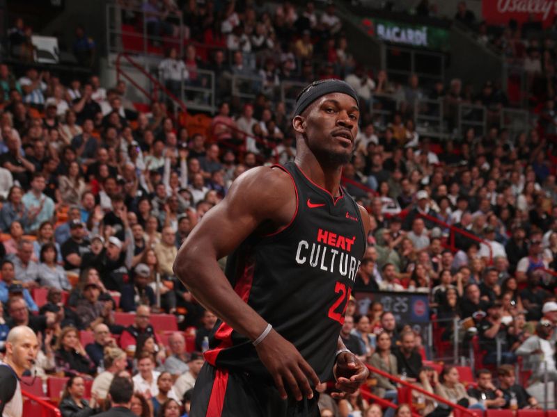 MIAMI, FL - MARCH 5: Jimmy Butler #22 of the Miami Heat looks on during the game against the Detroit Pistons on March 5, 2024 at Kaseya Center in Miami, Florida. NOTE TO USER: User expressly acknowledges and agrees that, by downloading and or using this Photograph, user is consenting to the terms and conditions of the Getty Images License Agreement. Mandatory Copyright Notice: Copyright 2024 NBAE (Photo by Issac Baldizon/NBAE via Getty Images)