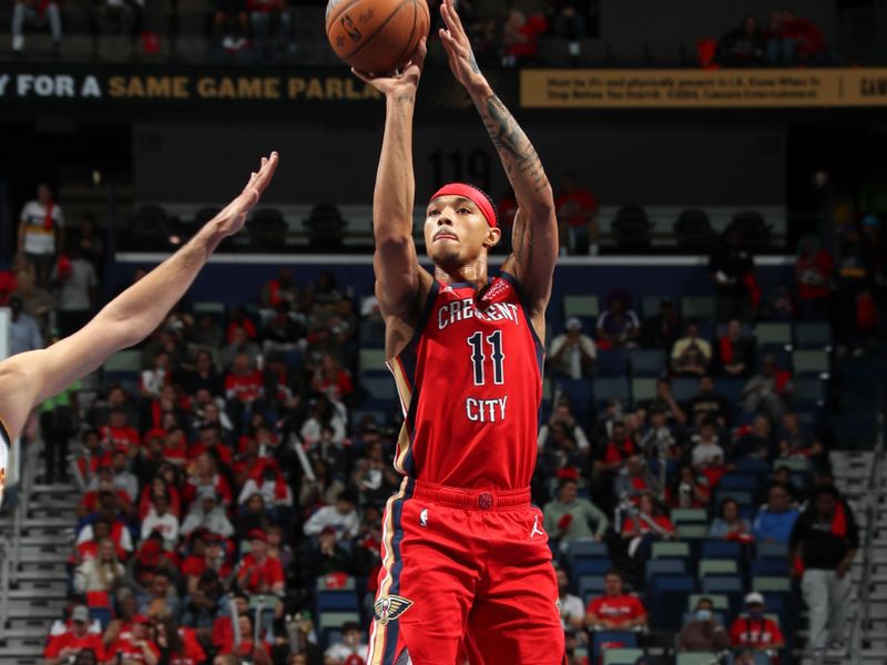 NEW ORLEANS, LA - NOVEMBER 15: Brandon Boston Jr. #11 of the New Orleans Pelicans three point basket during the game against the Denver Nuggets during the Emirates NBA Cup game on November 15, 2024 at the Smoothie King Center in New Orleans, Louisiana. NOTE TO USER: User expressly acknowledges and agrees that, by downloading and or using this Photograph, user is consenting to the terms and conditions of the Getty Images License Agreement. Mandatory Copyright Notice: Copyright 2024 NBAE (Photo by Layne Murdoch Jr./NBAE via Getty Images)