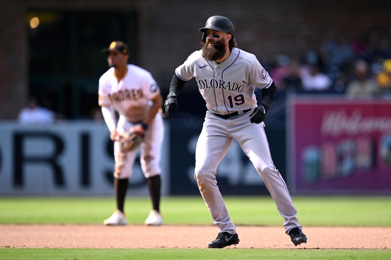 Sep 20, 2023; San Diego, California, USA; Colorado Rockies designated hitter Charlie Blackmon (19) leads off second base during the seventh inning against the San Diego Padres at Petco Park. Mandatory Credit: Orlando Ramirez-USA TODAY Sports