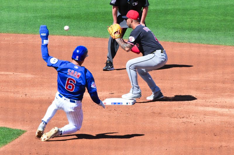 Feb 27, 2026; Mesa, Arizona, USA; Cleveland Guardians shortstop Brayan Rocchio (4) turns a double play as Chicago Cubs third baseman Matt Shaw (6) is out at second base in the second inning at Sloan Park. Mandatory Credit: Matt Kartozian-Imagn Images