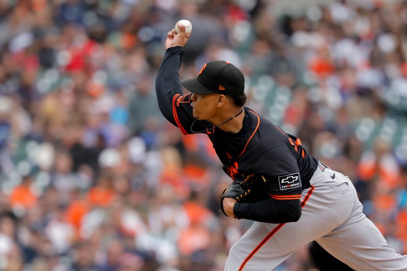 May 28, 2025; Detroit, Michigan, USA;  San Francisco Giants pitcher Randy Rodriguez (73) pitches in the fifth inning against the Detroit Tigers at Comerica Park. Mandatory Credit: Rick Osentoski-Imagn Images